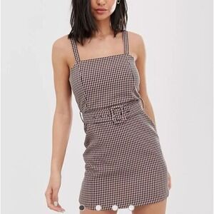 Houndstooth Mini Dress‎ Belted Brown Plaid spaghetti straps Overalls Small